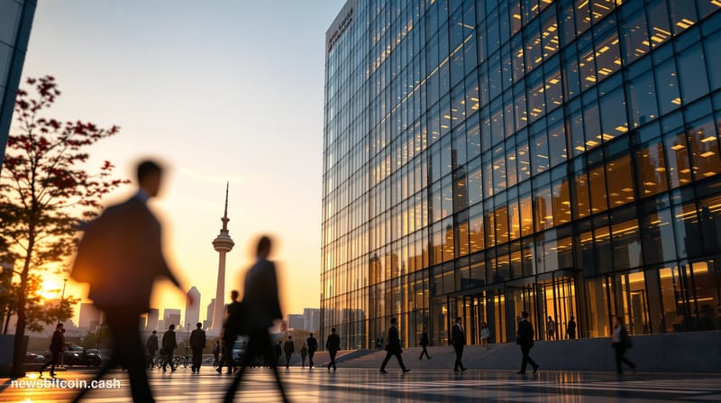 A cinematic photorealistic editorial photograph of the Financial Services Commission headquarters building in Seoul, South Ko