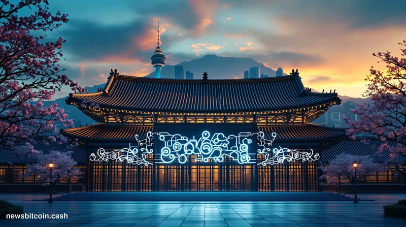 A cinematic photorealistic editorial photograph capturing the intersection of South Korean democracy and cryptocurrency polic
