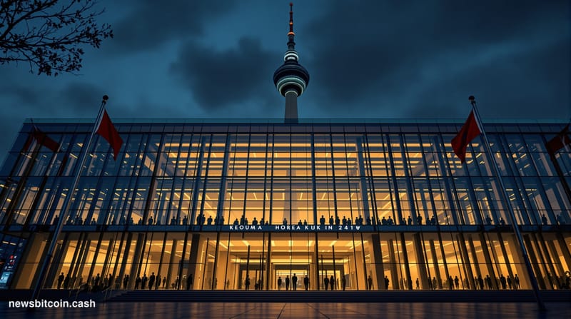 A dramatic photorealistic editorial photograph of South Korean law enforcement headquarters in Seoul at dusk, with the iconic