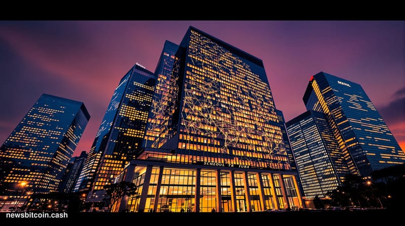A cinematic photorealistic editorial photograph showing Seoul's modern financial district skyline at dusk, with the iconic Lo
