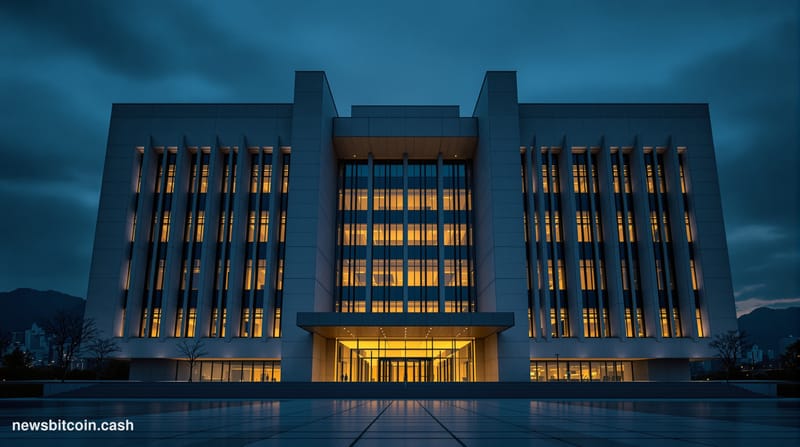 A cinematic photorealistic editorial photograph showing the Seoul Central District Prosecutors' Office building exterior at d