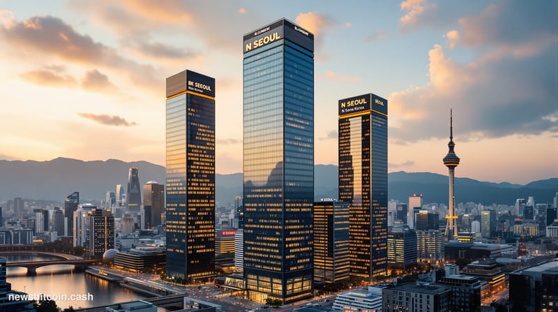 A cinematic photorealistic editorial photograph of Seoul's modern financial district at dusk, featuring the imposing glass to