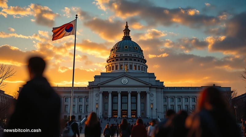A cinematic photorealistic editorial photograph of Seoul's National Assembly building during golden hour, with the iconic dom