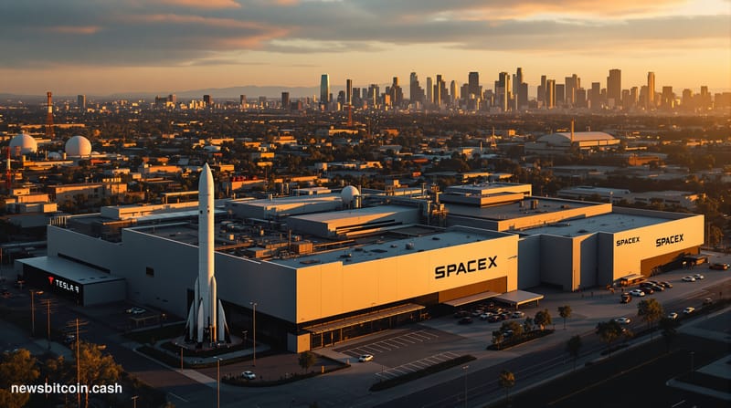 Cinematic photorealistic editorial photograph of the SpaceX headquarters complex in Hawthorne, California, shot during golden