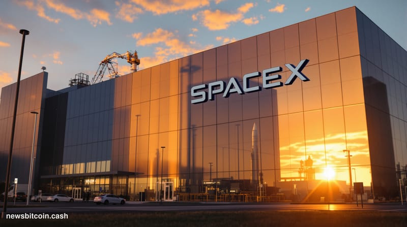 Cinematic photorealistic editorial photograph of the SpaceX headquarters in Hawthorne, California, shot during golden hour wi
