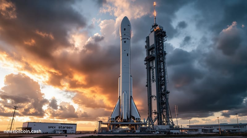 A cinematic photorealistic editorial photograph showing SpaceX's Starbase facility in Boca Chica, Texas at golden hour, with 