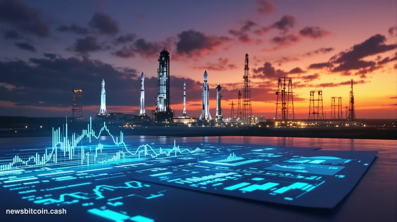 A cinematic photorealistic editorial photograph of SpaceX's Starbase facility in Texas at dusk, showing multiple towering Sta