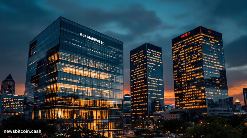 A dramatic cinematic photograph of Madrid's financial district at dusk, featuring the imposing glass towers of Spanish regula
