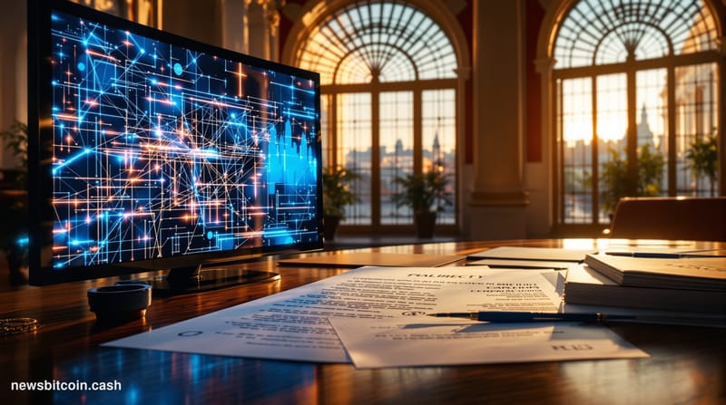A cinematic photorealistic editorial photograph showing the iconic Spanish regulatory architecture of Madrid's government dis