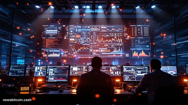 A cinematic photorealistic editorial photograph showing a modern blockchain security operations center during a crisis respon