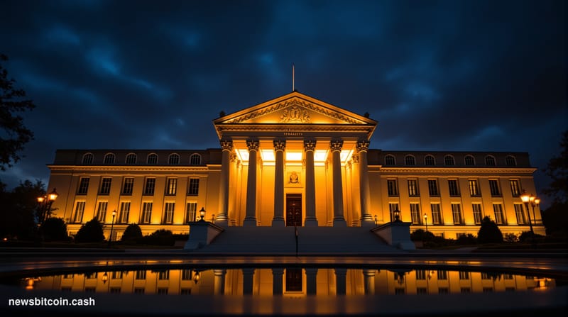 A cinematic photorealistic editorial photograph showing the imposing facade of the US Treasury Department building in Washing