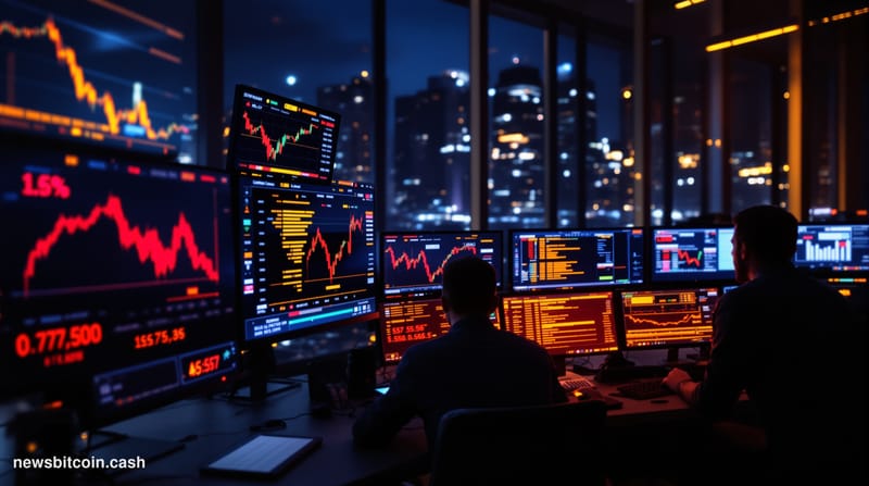 A cinematic photorealistic editorial photograph showing a modern cryptocurrency exchange trading floor or fintech office with