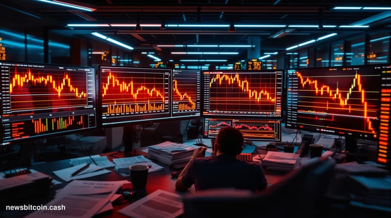 A cinematic photorealistic editorial photograph of a modern cryptocurrency trading desk in crisis mode, shot from a high angl