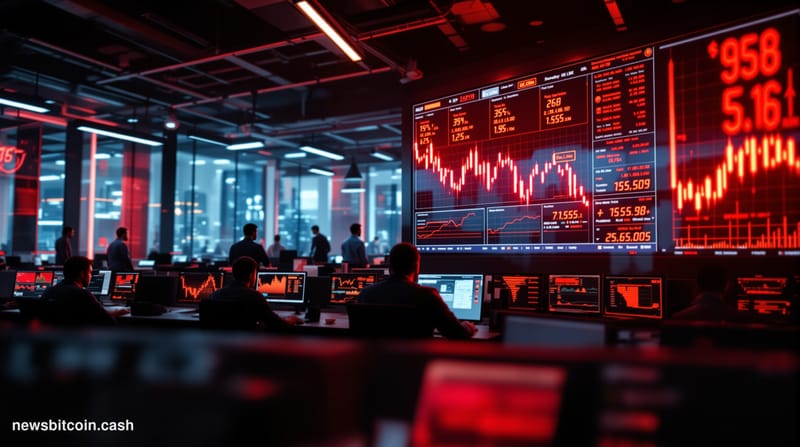 A cinematic photorealistic editorial photograph showing a modern cryptocurrency trading floor or fintech office environment i