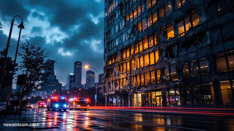 A cinematic photorealistic editorial photograph showing a damaged corporate office building at dusk, with shattered glass win