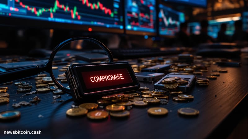 A cinematic photorealistic editorial photograph showing a dramatic close-up view of multiple hardware wallet devices and cryp