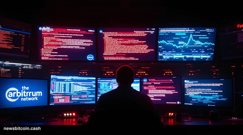 Cinematic photorealistic editorial photograph of a modern blockchain infrastructure control room with multiple large monitors