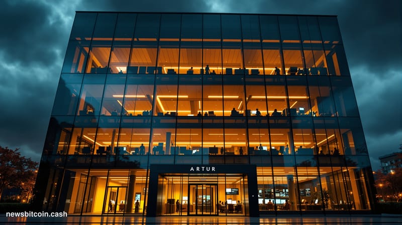 A cinematic photorealistic editorial photograph showing a modern glass office building at dusk with warm interior lighting co
