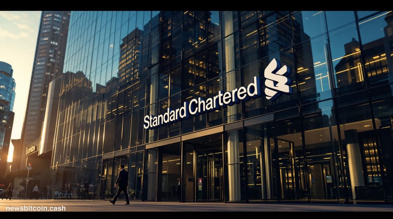 A cinematic photorealistic editorial photograph showing Standard Chartered's iconic London headquarters at 1 Basinghall Avenu