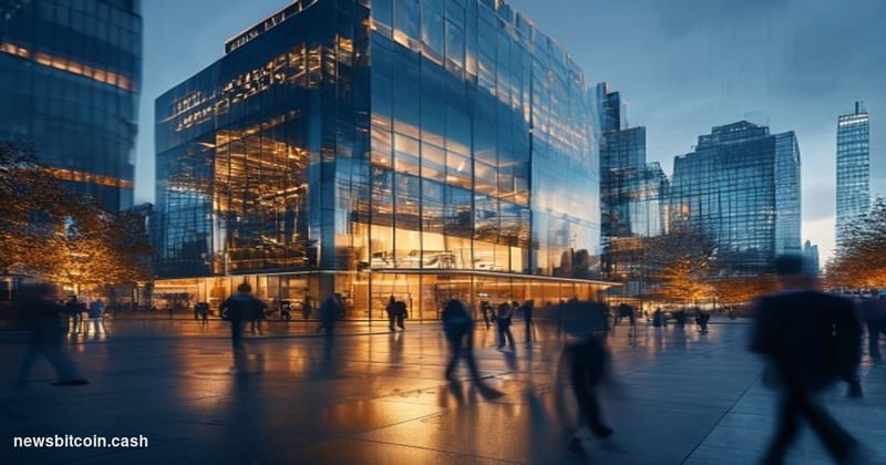 A cinematic photorealistic editorial photograph showing Standard Chartered's distinctive London headquarters building on Bish
