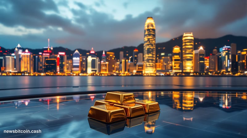 A cinematic photorealistic editorial photograph of Hong Kong's gleaming financial district skyline at golden hour, with the i