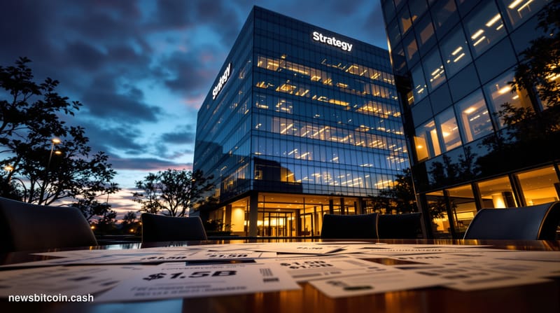 A cinematic photorealistic editorial photograph of Strategy's corporate headquarters in Tysons Corner, Virginia, shot during 