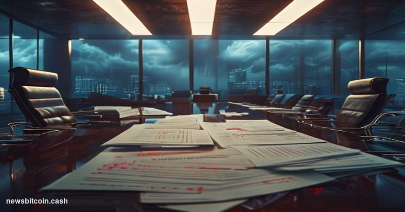 A cinematic photorealistic editorial photograph of a modern corporate boardroom in crisis, shot from a low angle looking up a