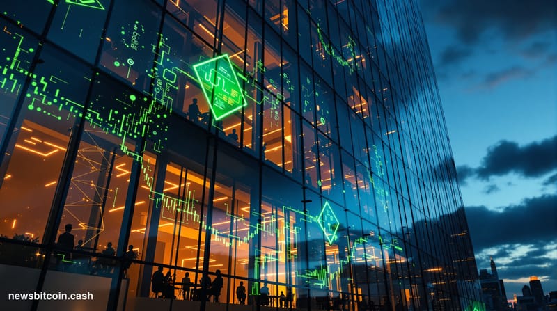 A cinematic photorealistic editorial photograph showing the imposing glass facade of a modern corporate headquarters building