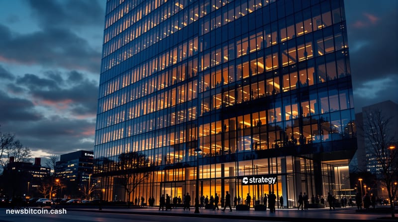 A photorealistic editorial photograph of Strategy's corporate headquarters building in Tysons Corner, Virginia, shot during g