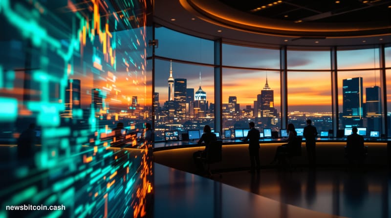 A dramatic photorealistic editorial photograph showcasing Strategy's corporate headquarters or trading floor environment duri