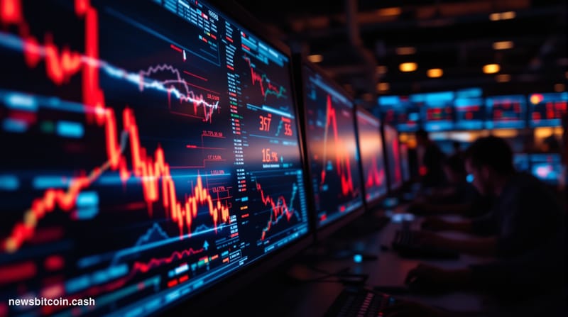 A cinematic photorealistic editorial photograph showing a dramatic financial trading floor during market stress, with multipl