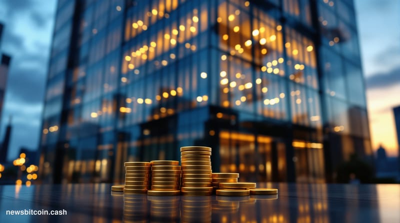 A cinematic photorealistic editorial photograph of a modern corporate headquarters building at dusk, with warm golden hour li