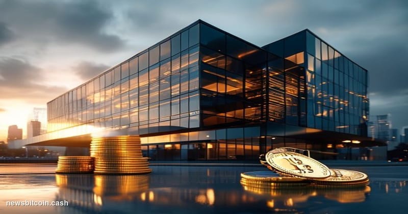 A cinematic photorealistic editorial photograph showing a modern corporate headquarters building at dusk, with sleek glass fa