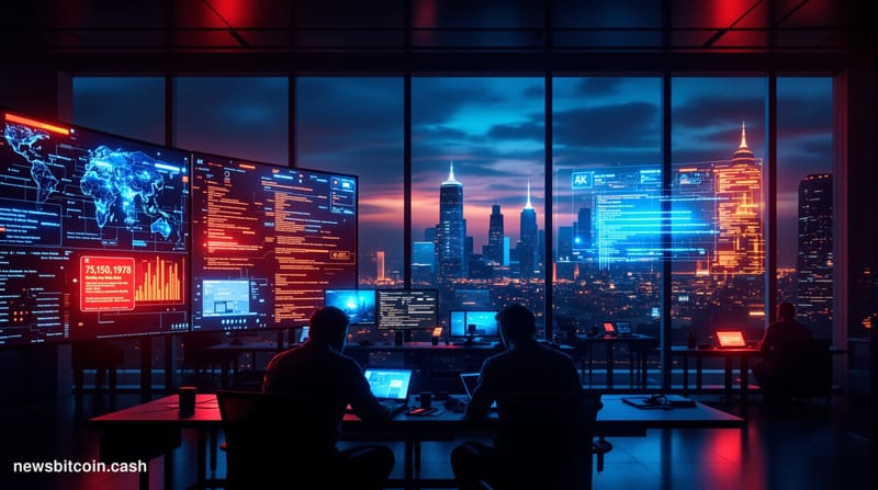A cinematic photorealistic editorial photograph showing a modern blockchain technology operations center in crisis mode. The 