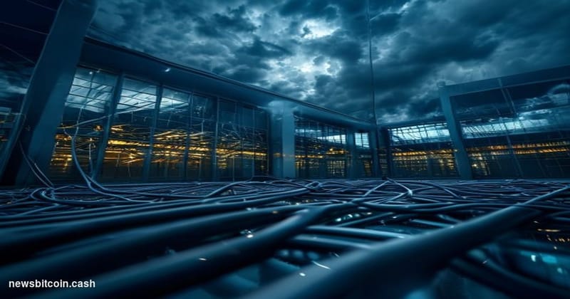 A cinematic photorealistic editorial photograph showing a modern blockchain technology infrastructure facility in distress. T