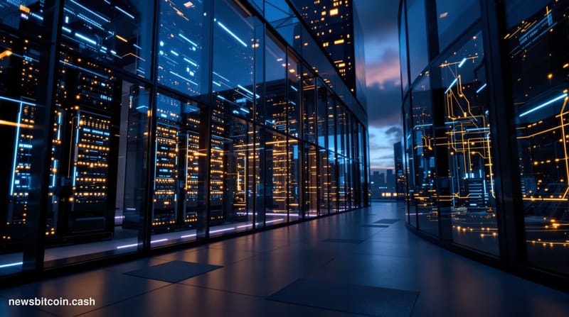 A dramatic cinematic editorial photograph of a modern tech campus or blockchain infrastructure facility during twilight hours
