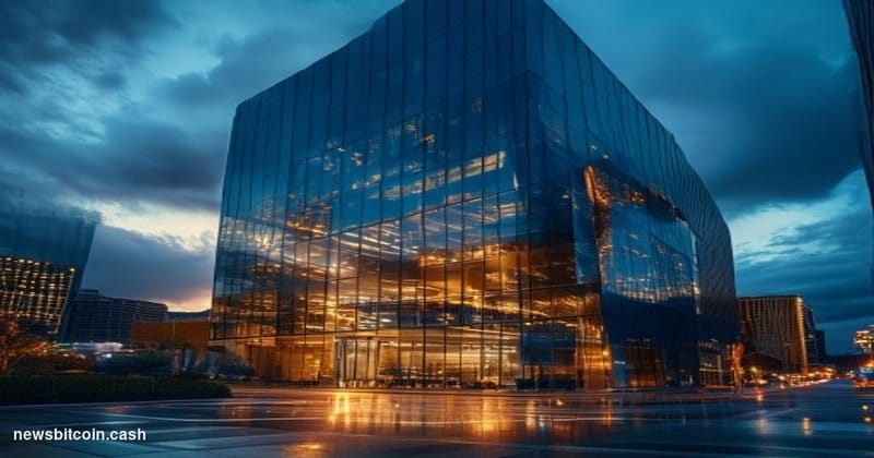 A cinematic photorealistic editorial photograph of a modern corporate office building in downtown Las Vegas where Prime Trust