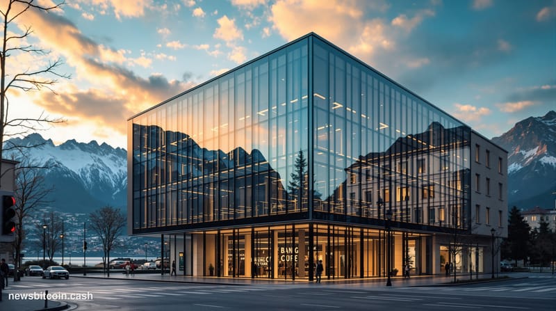 A cinematic photorealistic editorial photograph of the Swiss financial district in Zurich or Geneva, showcasing the intersect