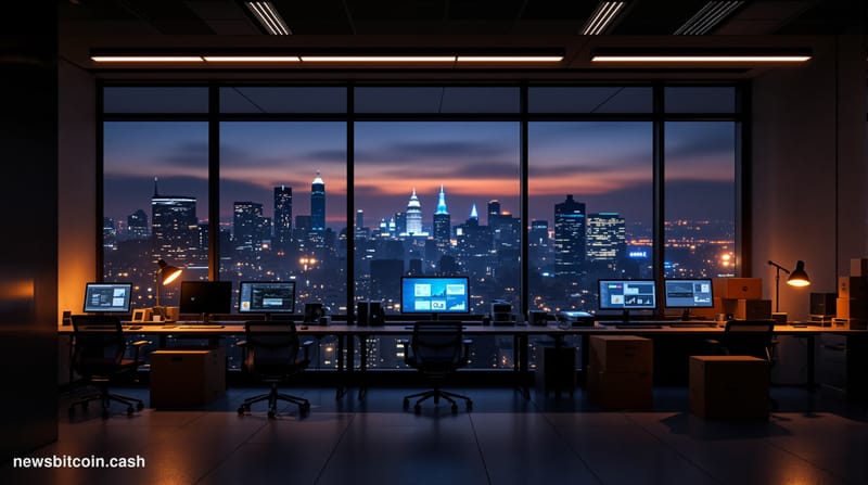 A cinematic photorealistic editorial photograph of a modern tech office space in the process of being vacated, with empty des