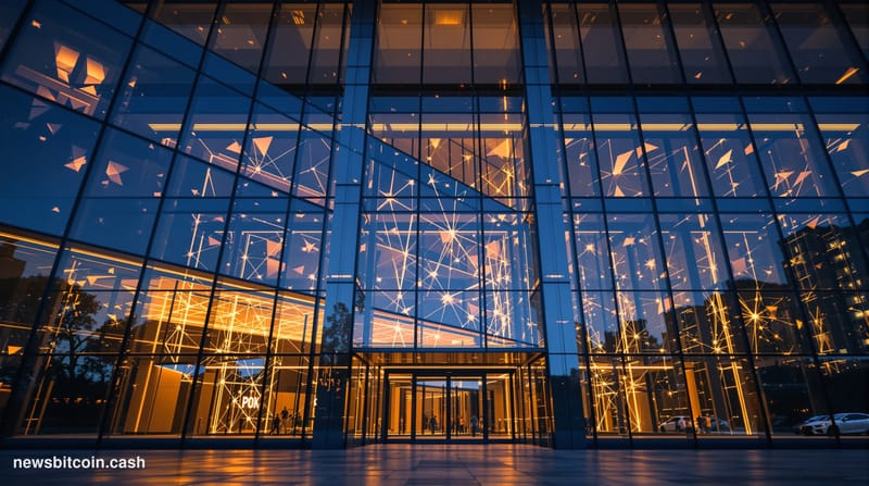 A dramatic photorealistic editorial photograph of a modern government law enforcement building facade at dusk, with sleek gla