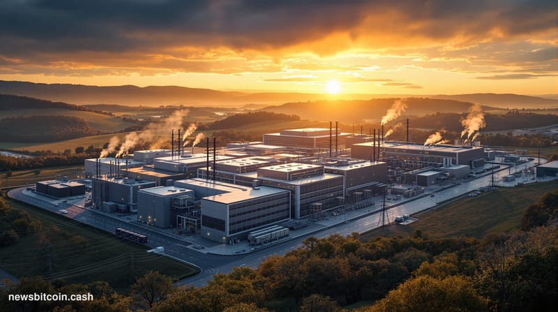 A cinematic photorealistic editorial photograph of a massive industrial data center complex in the Kentucky landscape, shot d