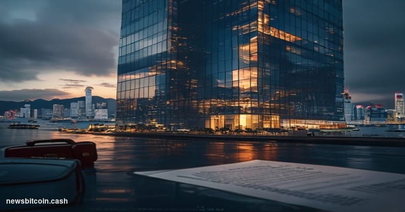 A cinematic photorealistic editorial photograph showing Tether's corporate headquarters building in Hong Kong's Central Distr