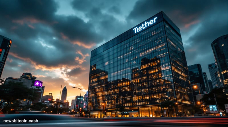 A dramatic cinematic photograph of Tether's corporate headquarters building in Hong Kong's financial district, shot from a lo