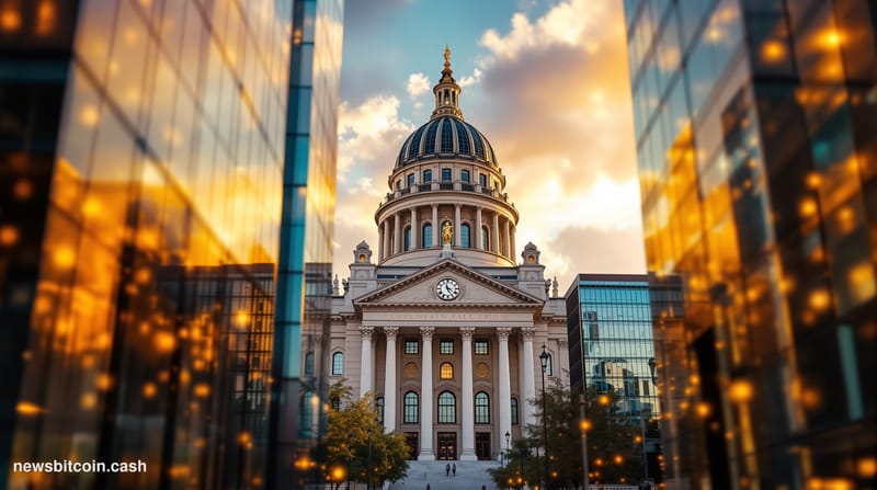 A cinematic photorealistic editorial photograph capturing the convergence of traditional government power and digital finance