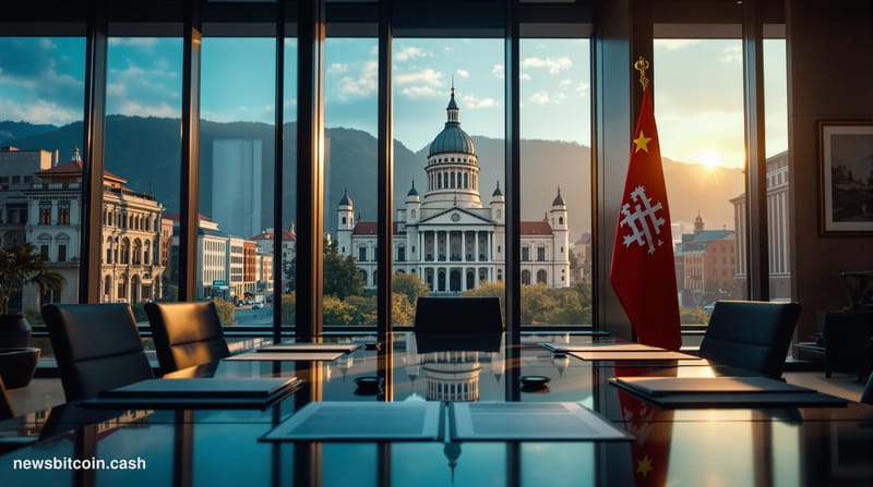 Cinematic photorealistic editorial photograph capturing Georgia's emergence as a blockchain finance hub. The composition feat