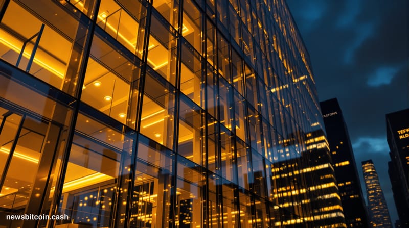 A cinematic photorealistic editorial photograph showing Tether's headquarters building in dramatic evening light, with the co