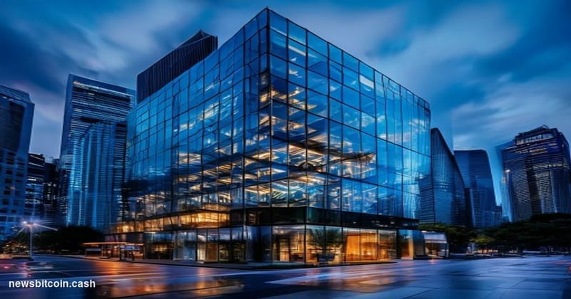 A cinematic photorealistic editorial photograph of Tether's Hong Kong headquarters building exterior at dusk, with the compan