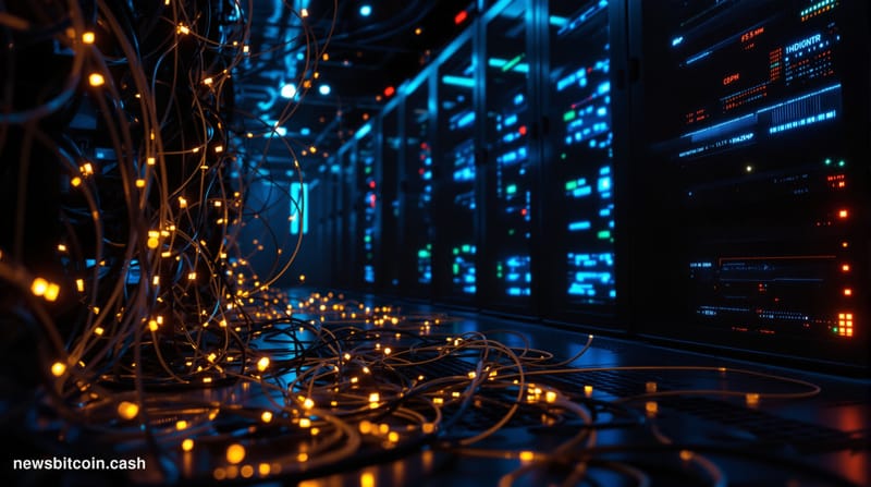 A cinematic photorealistic editorial photograph showing a dramatic dark server room or data center with multiple glowing netw