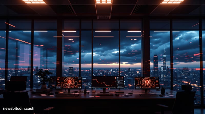 A dramatic photorealistic editorial photograph of a modern blockchain technology office or data center at dusk, with dark sto