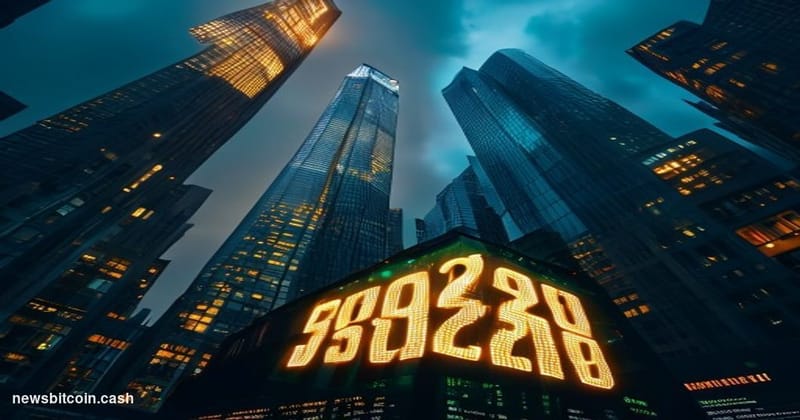 A cinematic photorealistic editorial photograph showing a dramatic upward-angled view of a modern financial district at golde